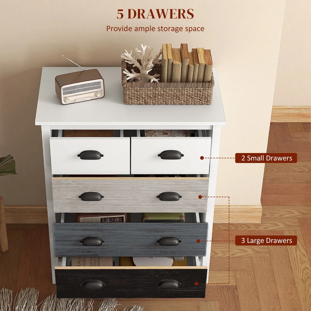 HOMCOM Kredens, Komoda, 5 szuflad, lakierowana powierzchnia, MDF & drewno sosnowe, 70 x 38 x 85 cm, Biały