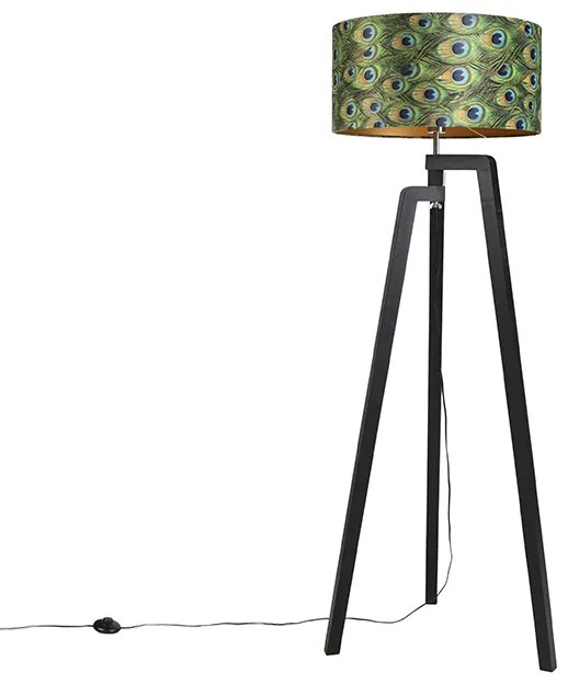 Lampa podłogowa trójnóg czarna z kloszem w stylu pawia 50 cm - Puros