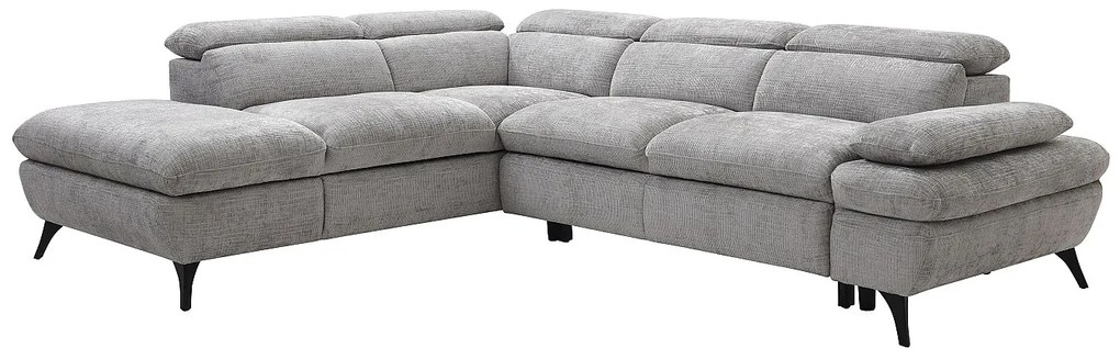 Kanapa narożna lewostronna rozkładana z szarą teksturowaną tapicerką z oparciem typu szezląg - SURDELI