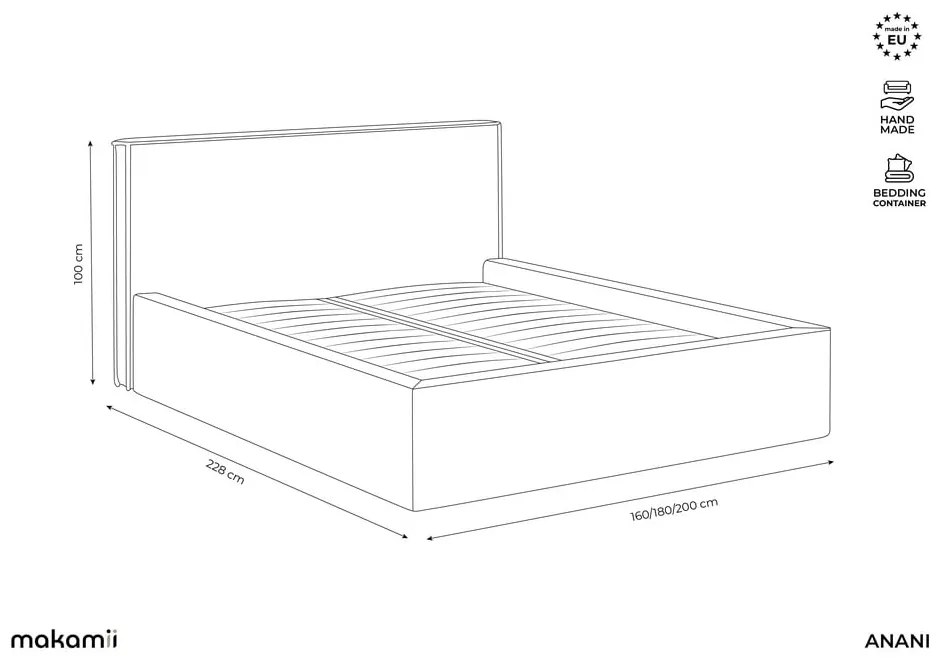 Ciemnoszare tapicerowane łóżko dwuosobowe ze schowkiem i stelażem 160x200 cm Anani – Makamii