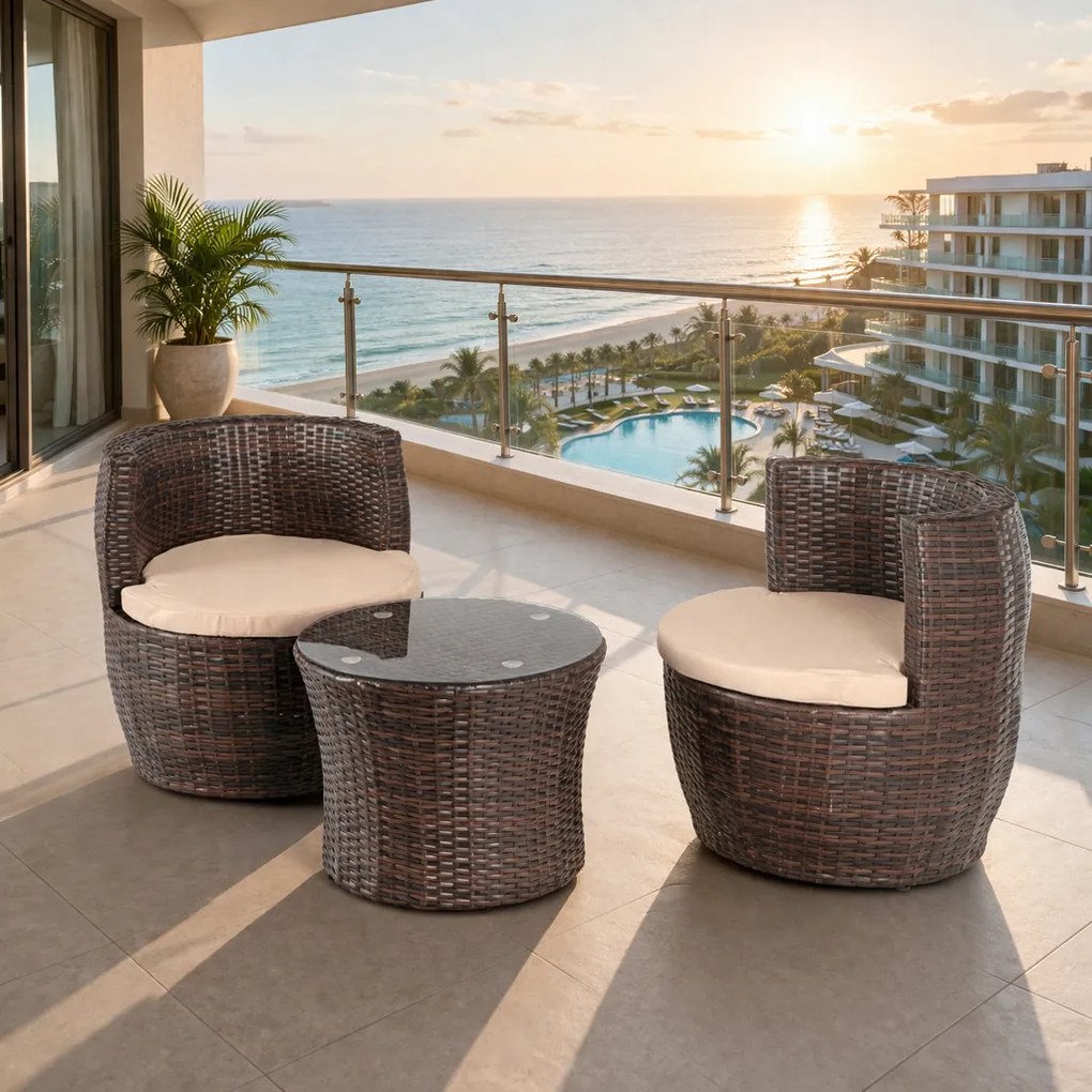 Zestaw mebli balkonowych technorattan Calimera składany - 2 fotele i stolik, brązowy