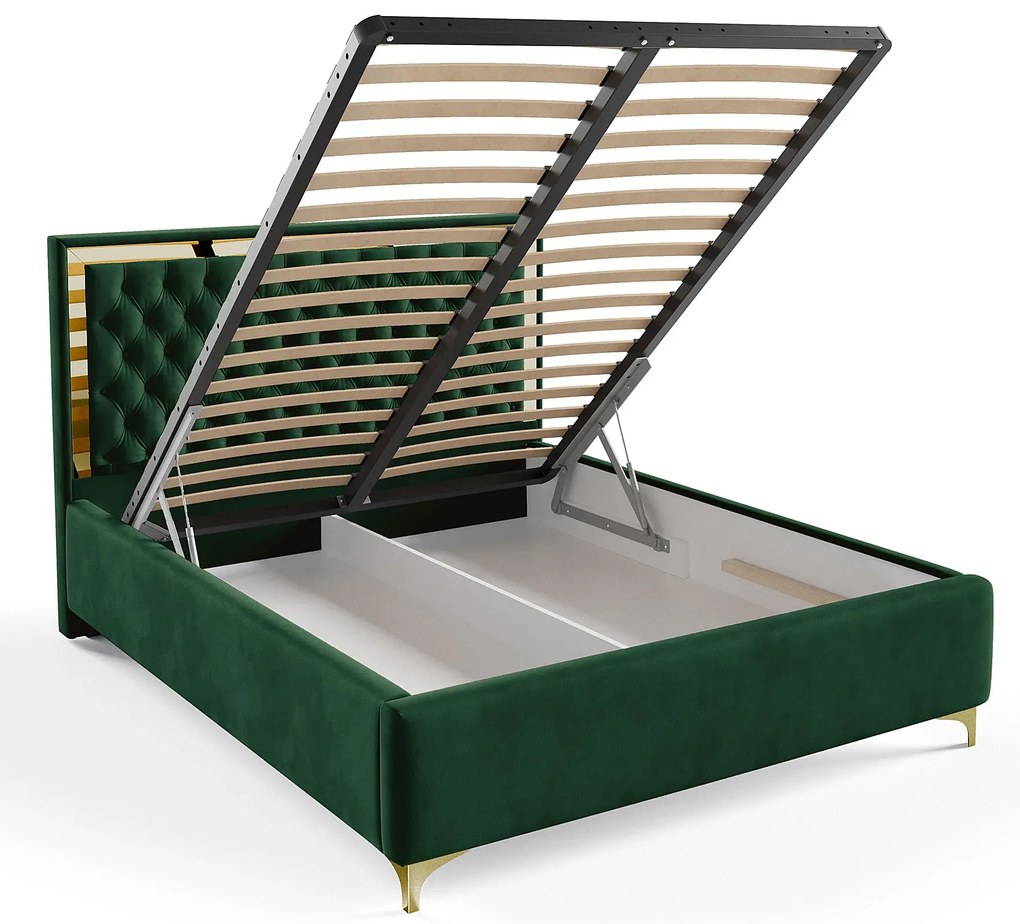Ciemnozielone łóżko tapicerowane z pikowanym zagłówkiem H2-D11