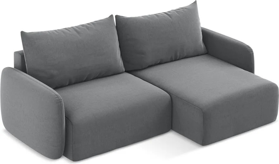 Szary aksamitny rozkładany narożnik ze schowkiem (prawostronny/z szezlongiem) Kalena – Makamii