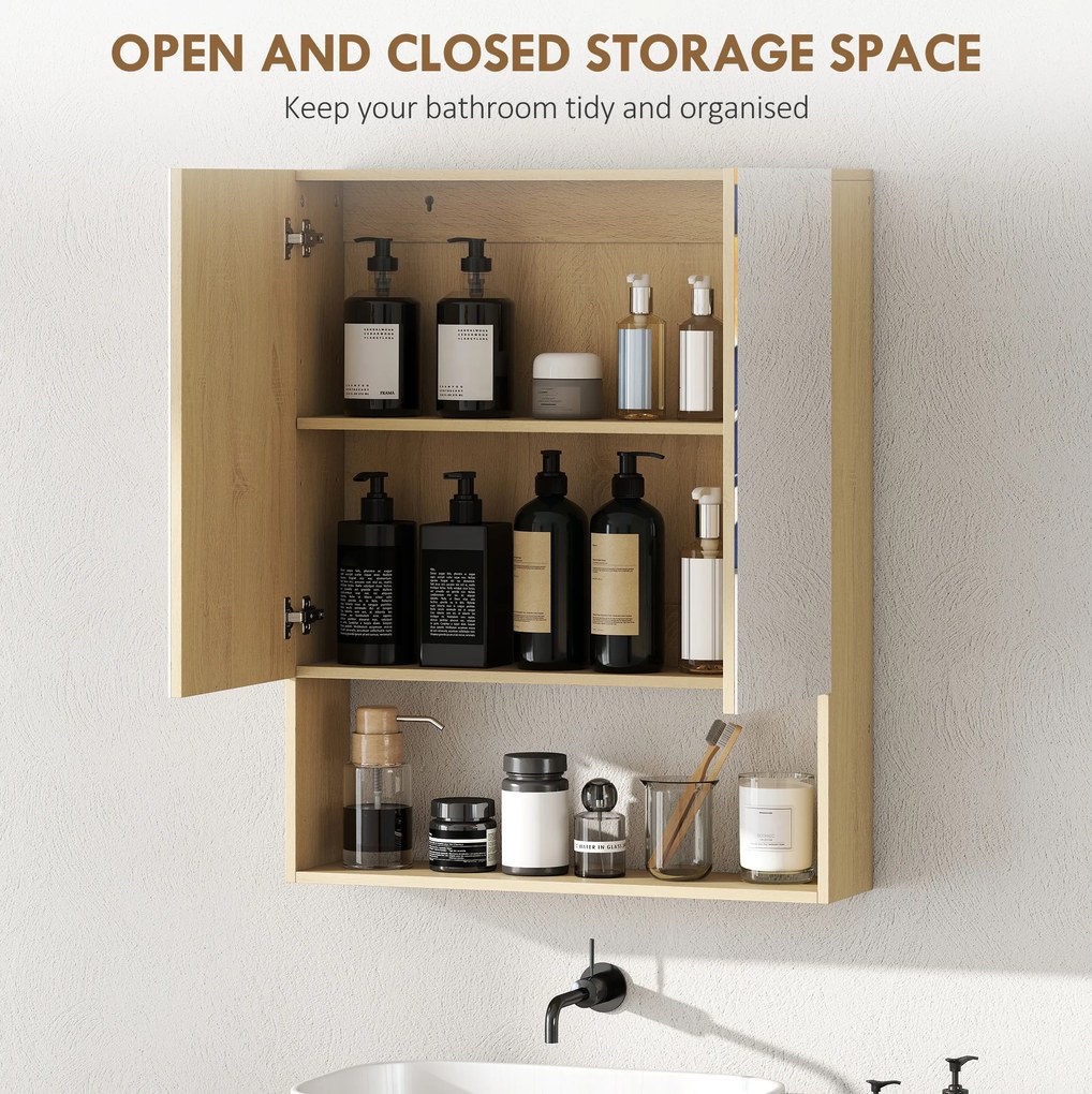 HOMCOM szafka łazienkowa z lustrem, drzwi z lustrem, otwarta półka, montaż na ścianie, MDF, płyta wiórowa, dąb