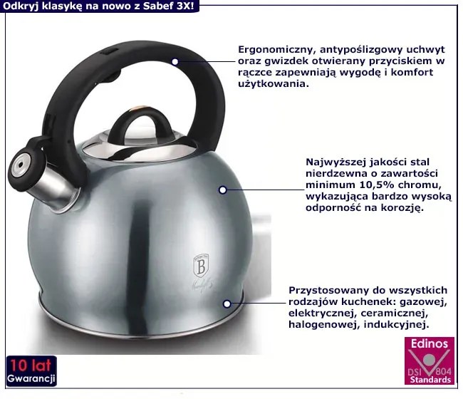Szaro-niebieski klasyczny czajnik z gwizdkiem 3L R1-S79