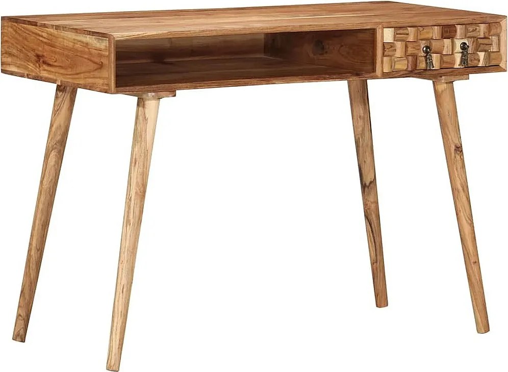 Biurko z litego drewna akacjowego 110x50x76 cm z szufladą i przegródką, naturalne wykończenie, styl rustykalny