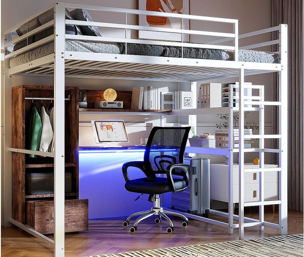 Łóżko piętrowe 140x200 cm - z oświetleniem LED - z biurkiem - z 1 szufladą - z drabinką - białe