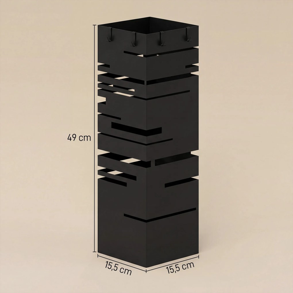 HOMCOM Stojak na parasole z metalu z wyjmowaną tacką ociekową i 4 haczykami 15,5 x 15,5 x 49 cm, Czarny | Aosom PL