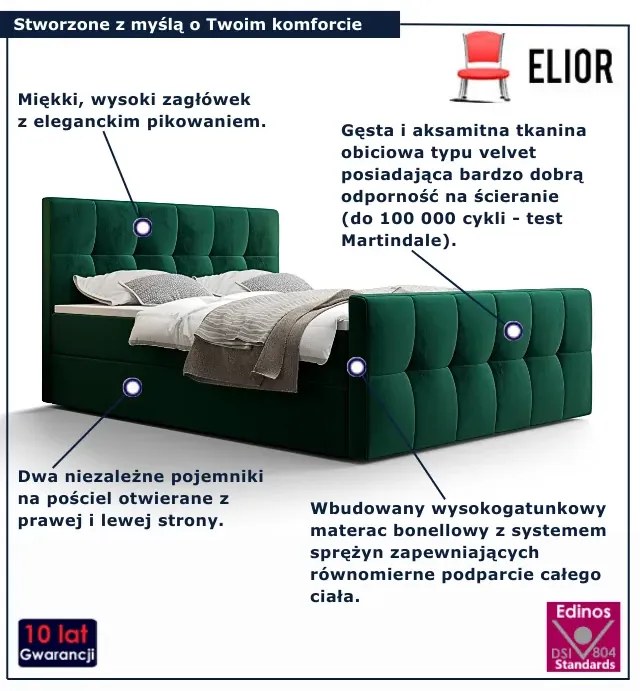 Zielone welurowe łóżko z pojemnikiem 6 rozmiarów N0-S47