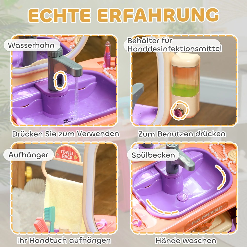 AIYAPLAY Toaletka dla Dzieci z Oświetleniem LED, Muzyką, Kranem, Lustrem Akrylowym, Fioletowa, 55x29x71 cm