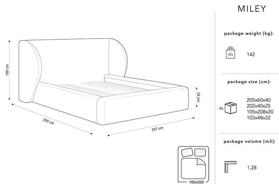 Jasnoszare tapicerowane łóżko dwuosobowe ze schowkiem i stelażem 180x200 cm Miley – Micadoni Home