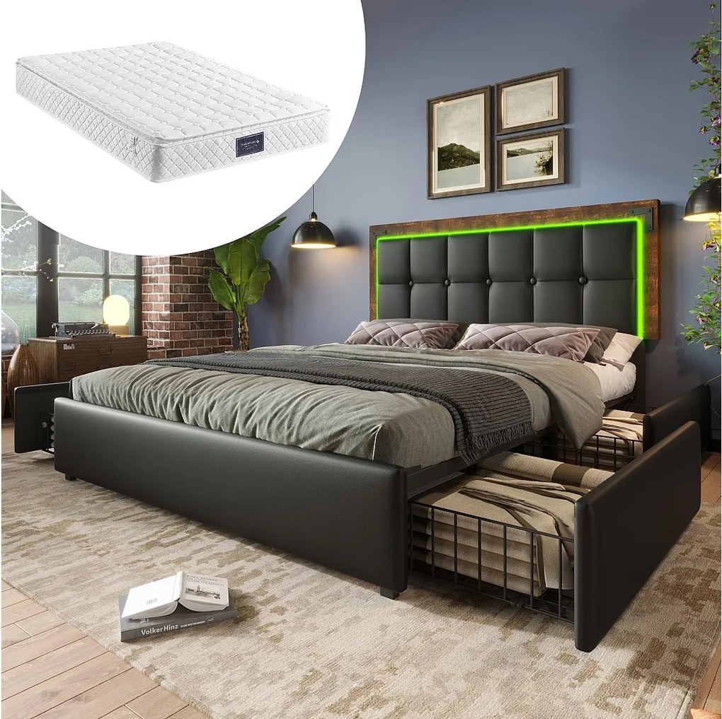 Łóżko dla dorosłych 160x200 cm - z regulowanym zagłówkiem, LED, 4 szuflady, stelaż - skóra syntetyczna - czarne - materac w zestawie