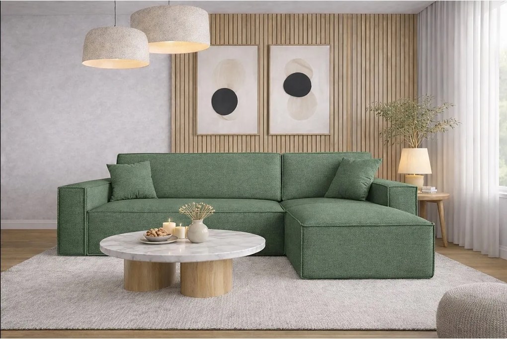 Narożnik BEST L z funkcją spania i pojemnikiem, tkanina Neve, Zielony, Prawy