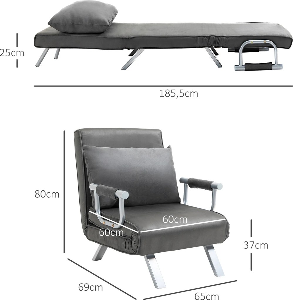 HOMCOM Rozkładany fotel z funkcją spania podłokietniki łóżko rozkładane łóżko dla gości szezlong 3 w 1 szary