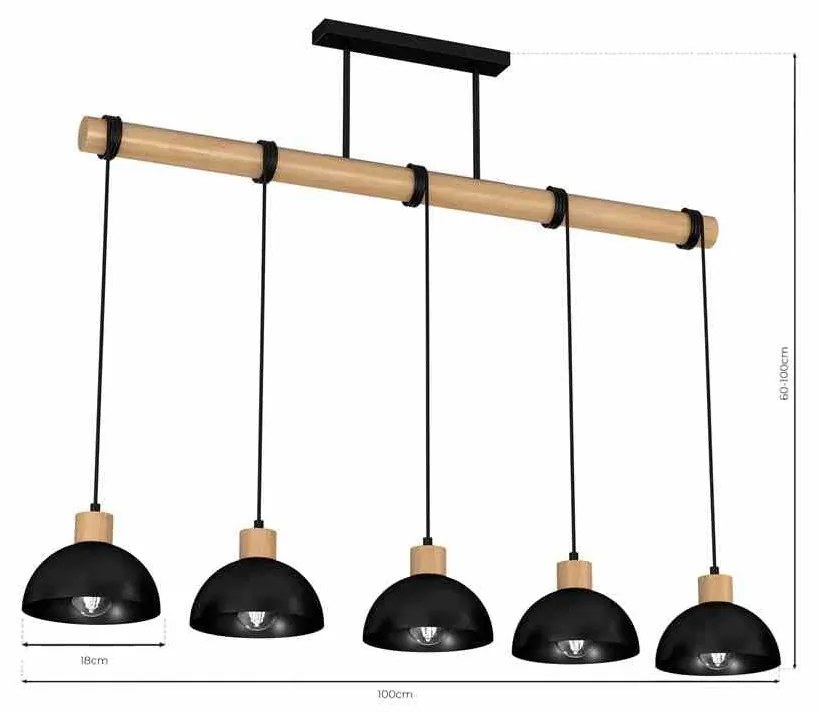 Lampa wisząca, czarna, drewno, 5 kloszy ERIK Black/Wood 5xE27