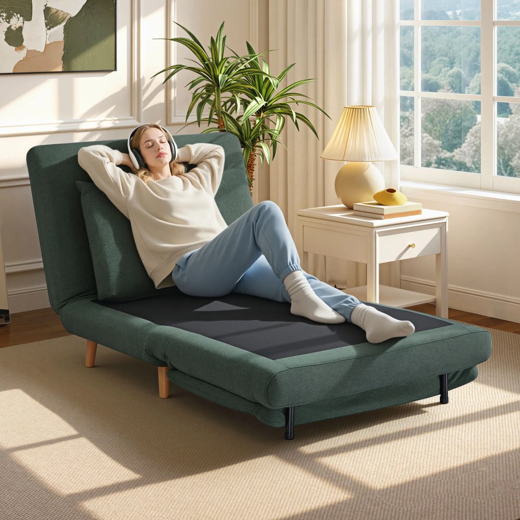 HOMCOM Fotel rozkładany 3w1 z funkcją łóżka regulowane oparcie poduszka nogi bukowe ciemnozielony | Aosom PL