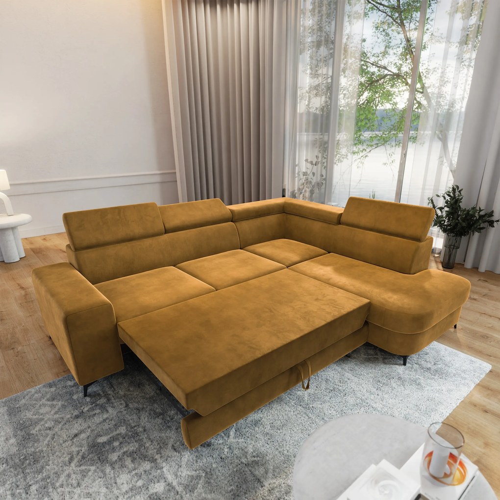 Masseno Narożnik ALVORO z funkcją spania i pojemnikiem na pościel Narozniki L, Rozkładana sofa - Żółty, MONOLITH 48