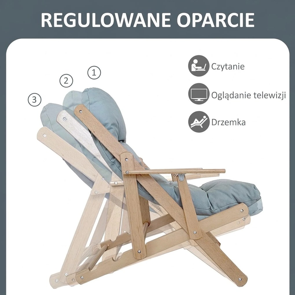 HOMCOM Fotel akcentowy, fotel relaksacyjny, regulowane oparcie, rama z drewna bukowego, do 120 kg, Jasnoszary