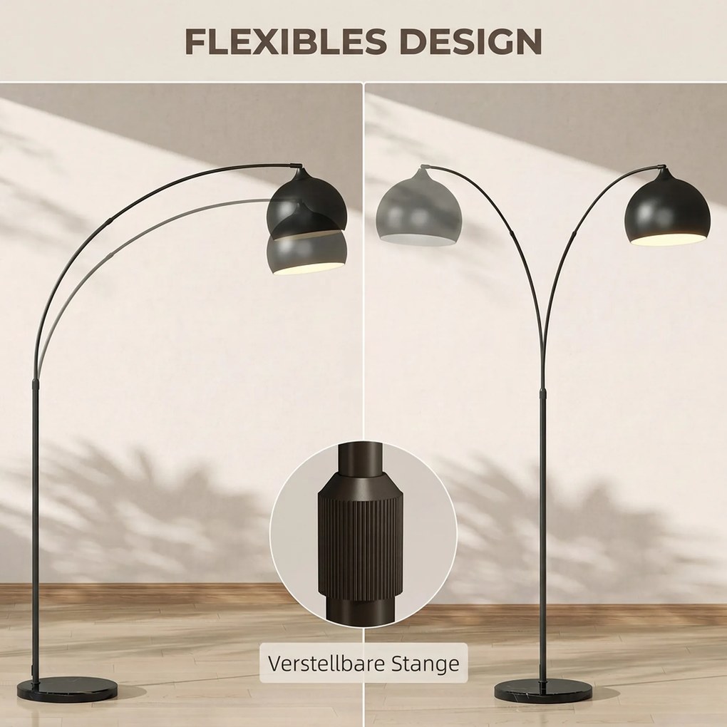 HOMCOM Lampa łukowa, lampa stojąca, regulowana wysokość, włącznik nożny, podstawa w wyglądzie marmuru, 170-180cm, czarna | Aosom PL