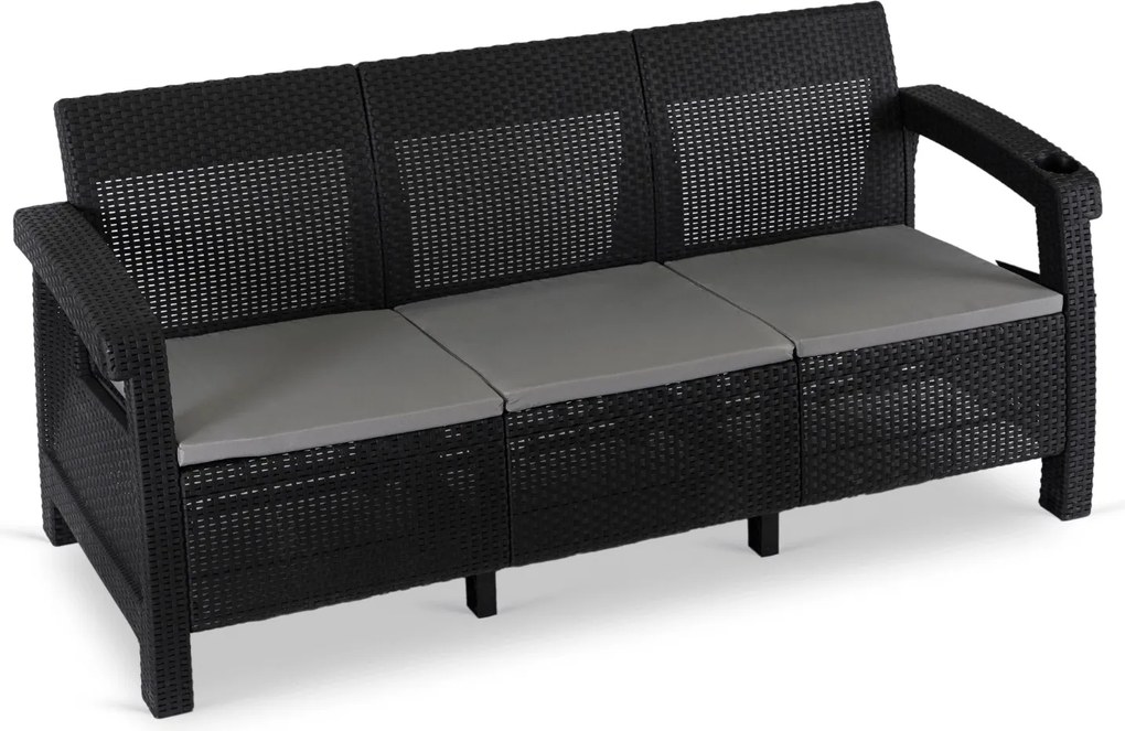 Sofa ogrodowa 3-osobowa Flint, technorattan czarny