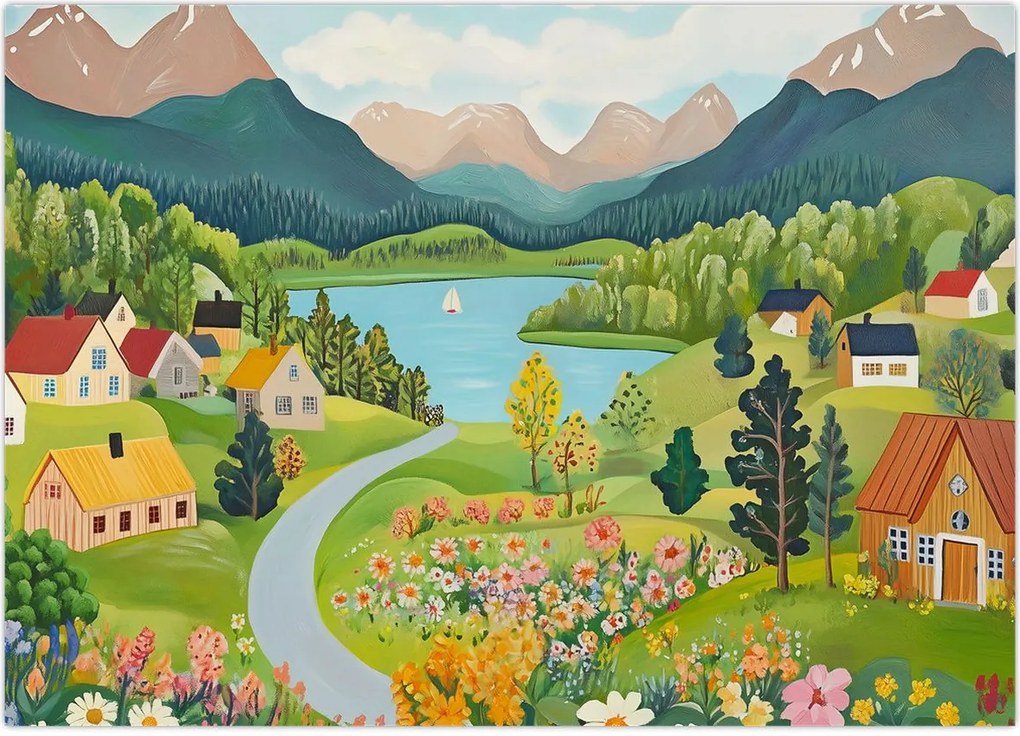 Obraz - Wioska w górach (70x50 cm)