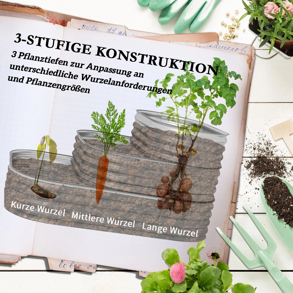 Outsunny Skrzynka ogrodowa schodkowa na kwiaty na zewnątrz, 3 poziomy, 158 cm x 109 cm x 82 cm, Srebrny