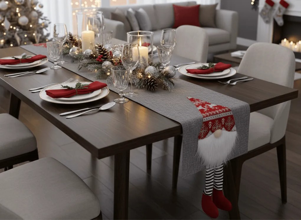 Świąteczny bieżnik na stół NORDIC GNOME 34x180 cm, szary