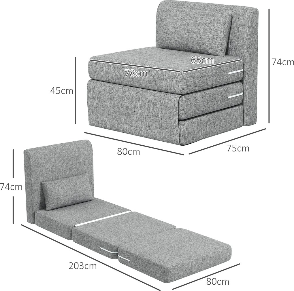HOMCOM Fotel-sypialnia, materac dla gości, trzykrotnie składany, kompaktowy, z metalową ramą, 80x75x74 cm, Szary