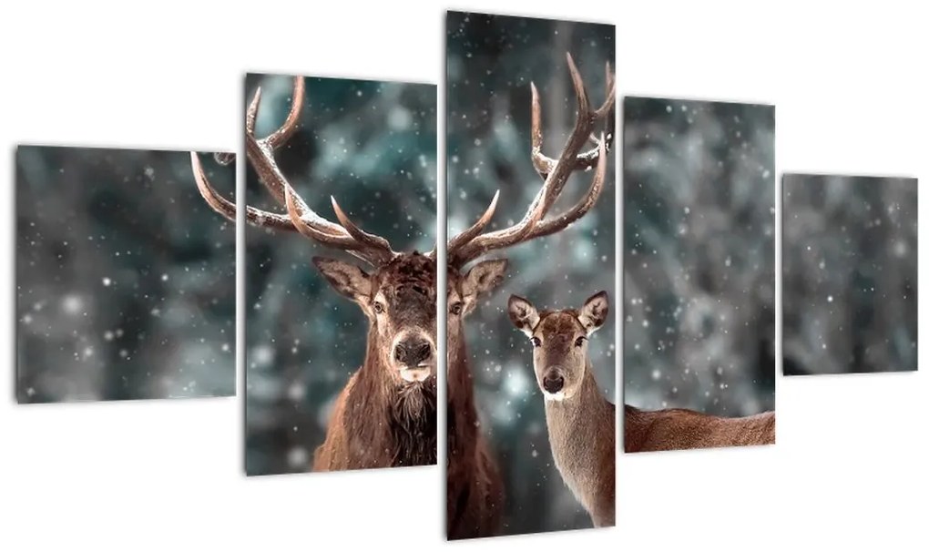 Obraz - Jeleń i łania w zaśnieżonym lesie (125x70 cm)
