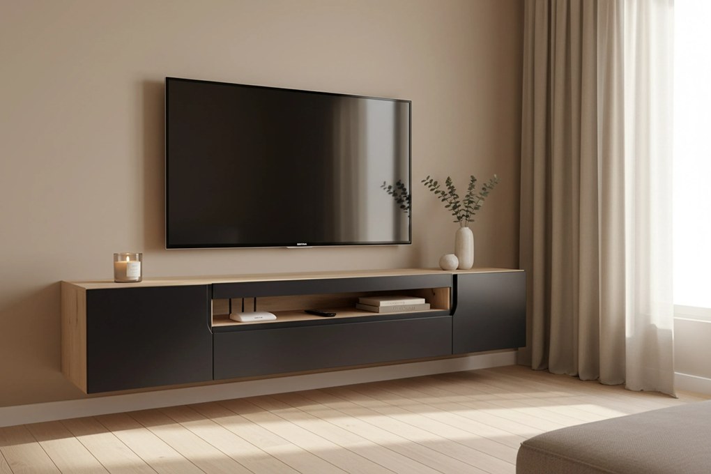 Szafka RTV wisząca Loftia 200 cm dwudrzwiowa z wnęką - artisan / czarny mat