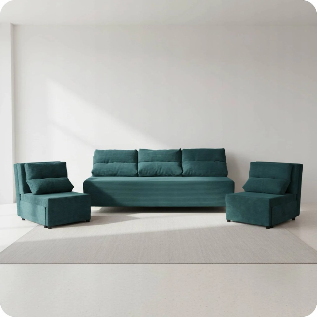 Zestaw KIMO funkcja spania sofa fotele Family Meble zielony Anafi sztruks