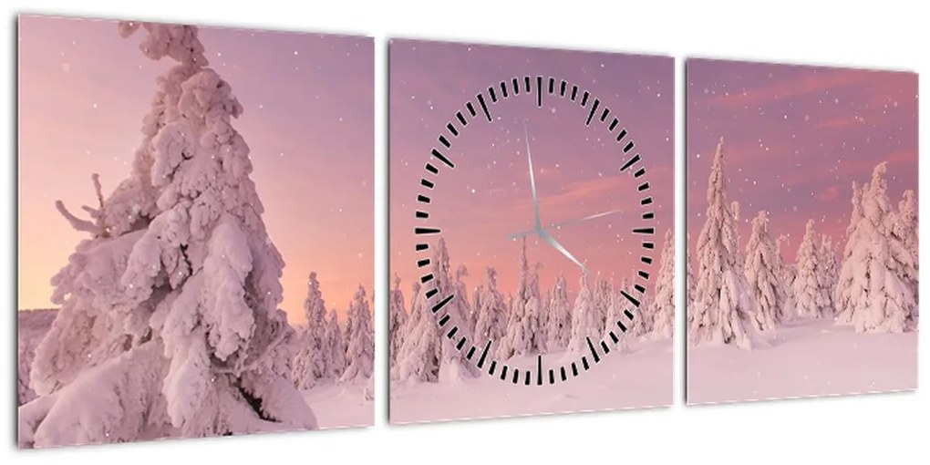 Obraz - Drzewa pod warstwą śniegu (z zegarem) (90x30 cm)