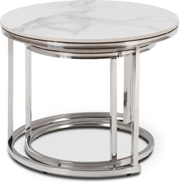 Zestaw Stolików Kawowych AMARA 45,5 cm/60 cm Biały Marmur/Srebrny Glamour