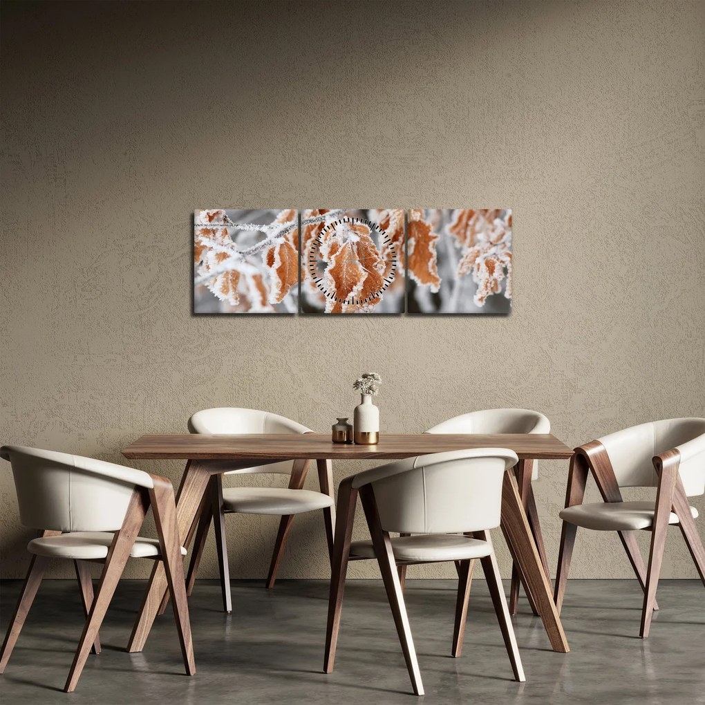 Obraz - Zamarznięte liście (z zegarem) (90x30 cm)