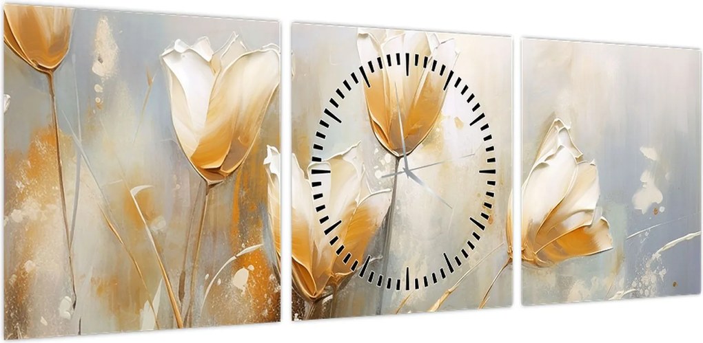 Obraz - Malowanie tulipanów (z zegarem) (90x30 cm)
