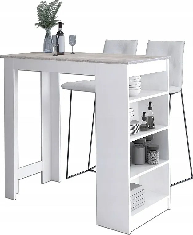 Stolik barowy pod hoker AKORD Biały 115 cm kolor Dąb Sonoma mat 4 półki 115x50x103 cm