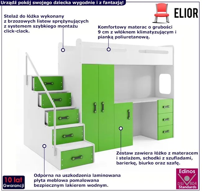 Biało-zielone łóżko na antresoli dla dziecka z biurkiem i szafą - Mirida
