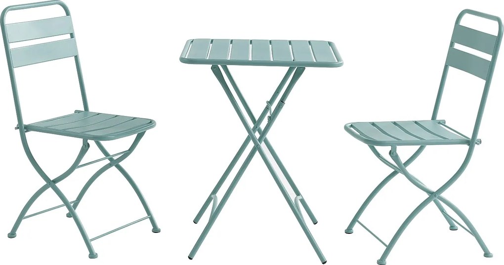 Zestaw mebli jadalnianych ogrodowych składanych z metalu - stolik o szer. 60 cm i 2 składane krzesła - Migdałowa zieleń - MIRMANDE marki MYLIA