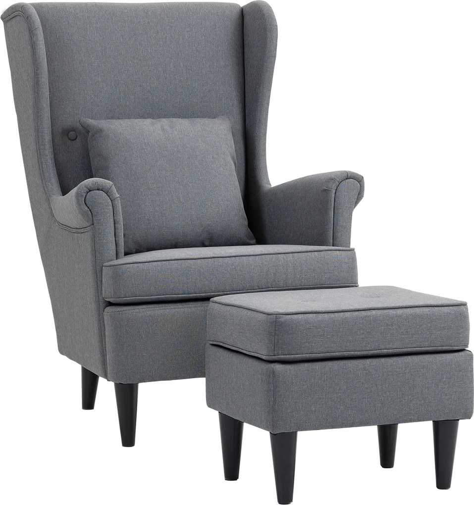 HOMCOM Fotel z podnóżkiem, z nogami z drewna kauczukowego, pokrycie materiałowe, szary