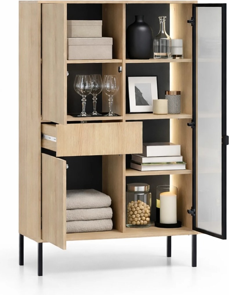 Witryna wysoka Harmona 92 cm z szufladą i oświetleniem - dąb lindberg