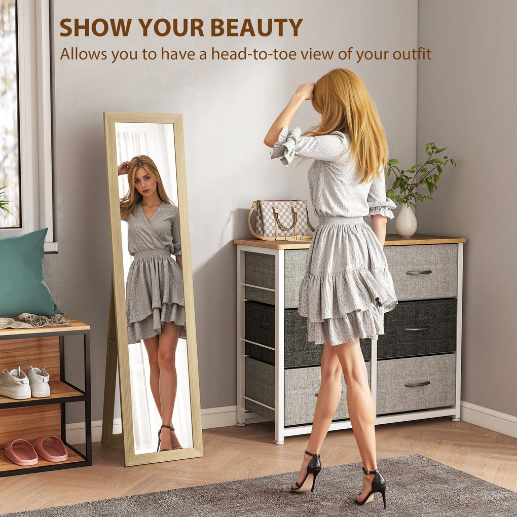 HOMCOM Lustro całopostaciowe, lustro ścienne, 37 cm x 40 cm x 155 cm, w tym haczyki montażowe, srebrny + dąb | Aosom PL