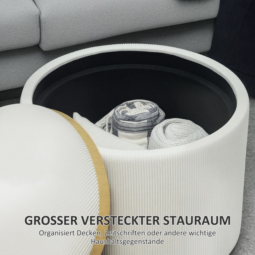 HOMCOM Puf z miejsem do przechowywania, Okrągły, Podnóżek, Sztruks, MDF, Kremowy