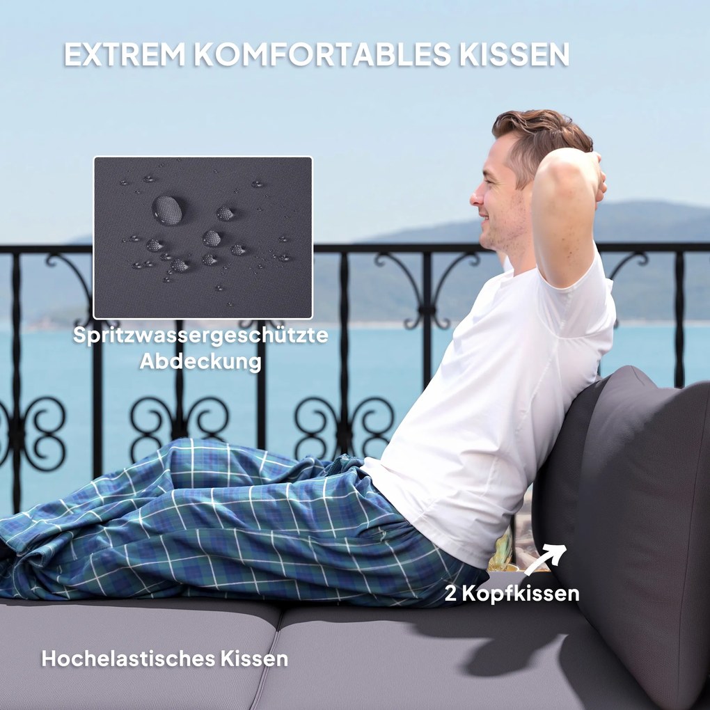 Outsunny Leżak Ogrodowy z Polirattanu dla 2 Osób z Podnóżkiem i Przestrzenią Do Przechowywania, Poduszki 125x114x72,5 cm, Szary