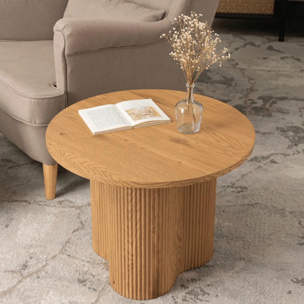 Stolik Kawowy ARION 60 cm Okrągły Dąb z Ryflami Nowoczesny Loft