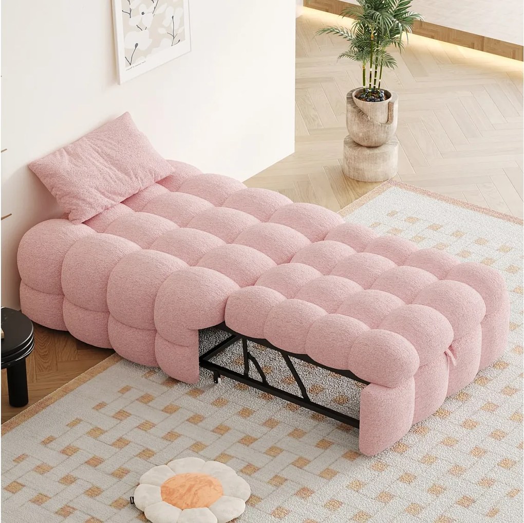 Tapicerowana rozkładana sofa - 70 x 180 cm - Podnóżek 2 w 1 - Tkanina Teddy - różowy