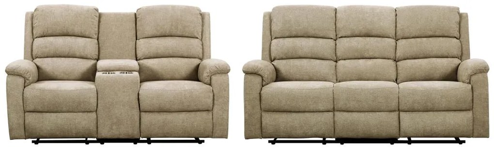Kanapa 3+2-osobowa z elektryczną funkcją relax z tkaniny taupe z półką NEVERS