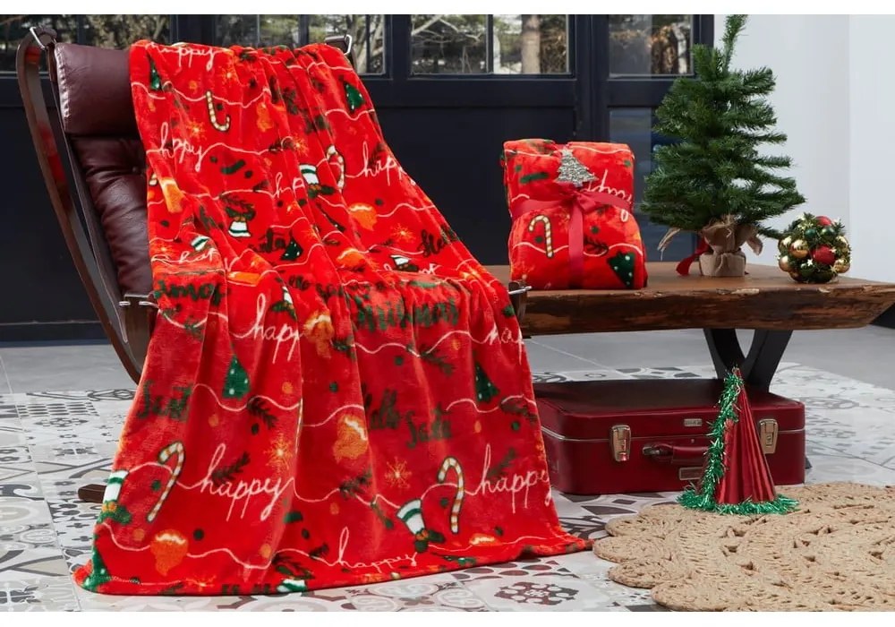 Czerwony koc ze świątecznym motywem z mikropluszu 100x170 cm – Mila Home