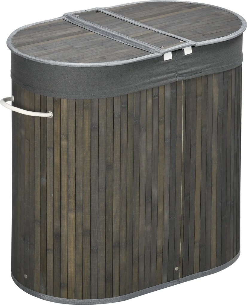 HOMCOM Kosz na bieliznę 100 L z pokrywą, uchwytem, 2 sekcje, wyjmowany worek na pranie, do sypialni, łazienki, wykonany z bambusa, szary