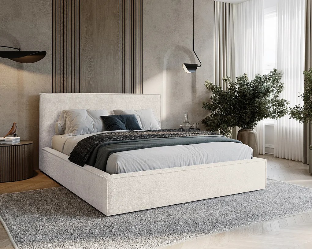 BESILIO Tapicerowane łóżko do sypialni 200x200 Zanzi - stelaż metalowy, pojemnik, ozdobna lamówka, tkanina szenil- Kremowy