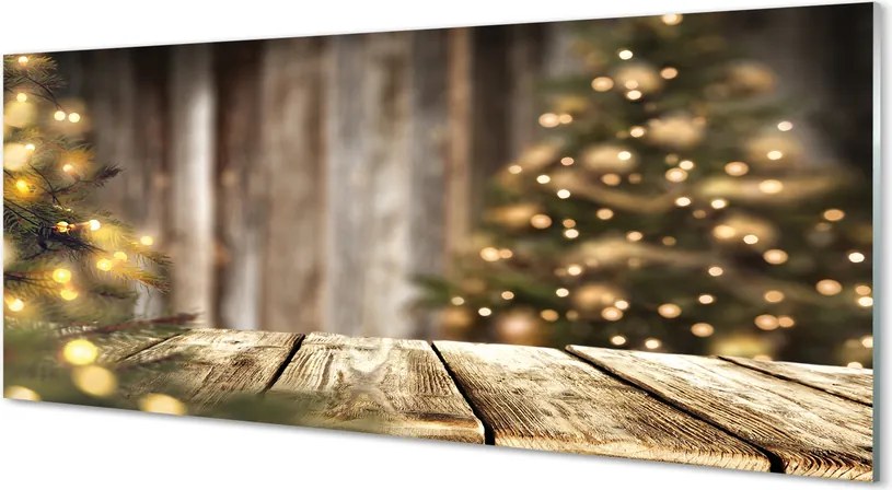 Szklany Panel Choinka i Lampki na Drewnie
